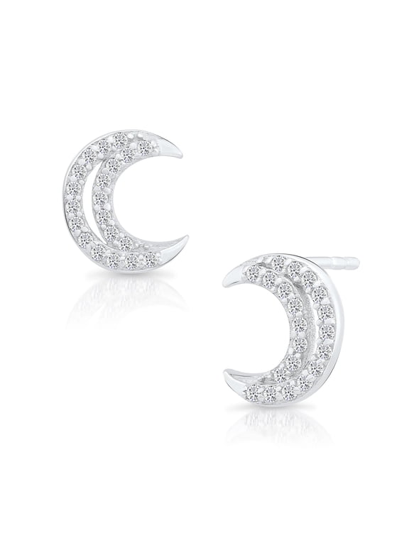 925 Sterling Silver Moon Design Stud Earrings with Cubic Zirconia CZ Stones for Women & Unisex