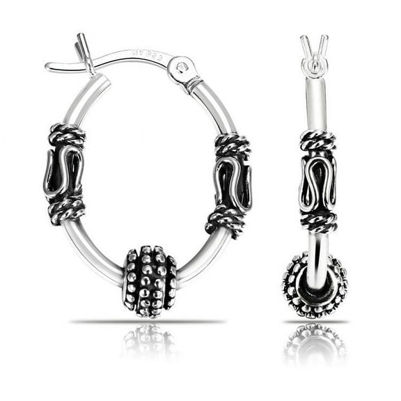 Tilo Jewelry 925 Sterling Silver Oxidized Tribal Bali Beaded Oval Hoop Earrings (22mm) for Women & Unisex