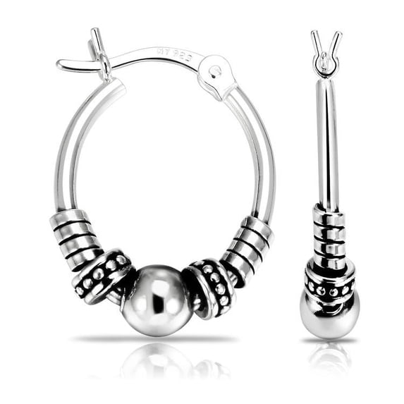 Tilo Jewelry 925 Sterling Silver Oxidized Tribal Bali Beaded Oval Hoop Earrings (23mm) for Women, Men, Unisex