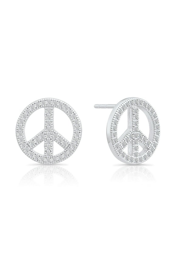925 Sterling Silver Peace Sign Stud Earrings with Cubic Zirconia CZ Stones | Secure Push-Backs | Women & Unisex