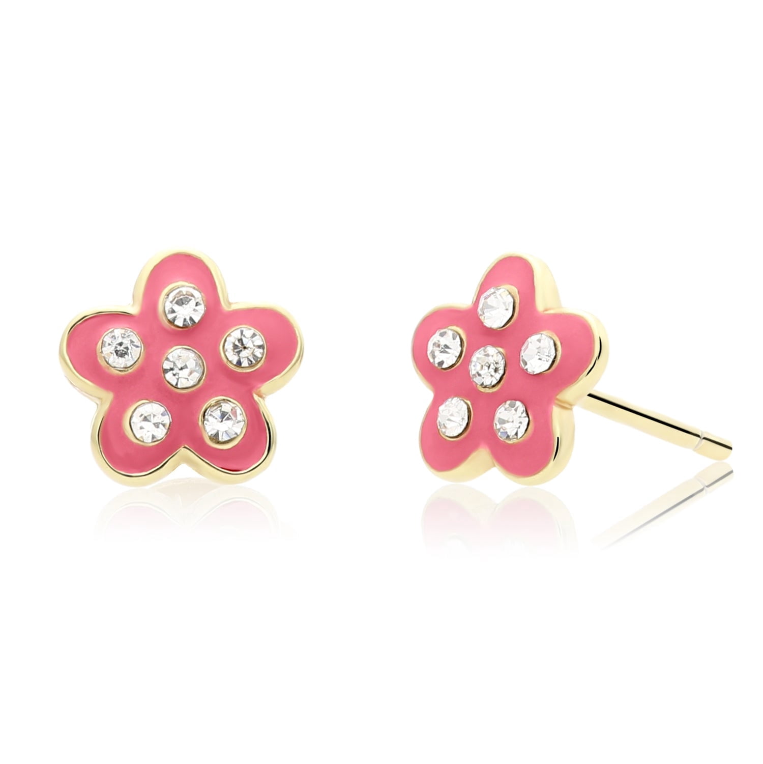Tilo Jewelry 925 Sterling Silver Pink Flower Enamel CZ Stud Earrings with Secure Push Backs for Women & Unisex