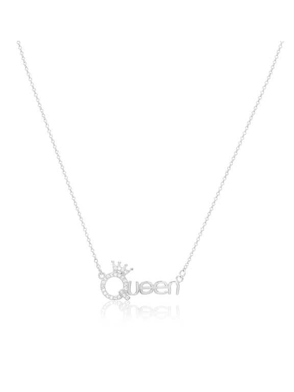Solid 925 Sterling Silver Queen Word Pendant Necklace with Cubic Zirconia CZ Stones | Women & Unisex | Adjustable 16 Inch to 18 Inch Cable Chain