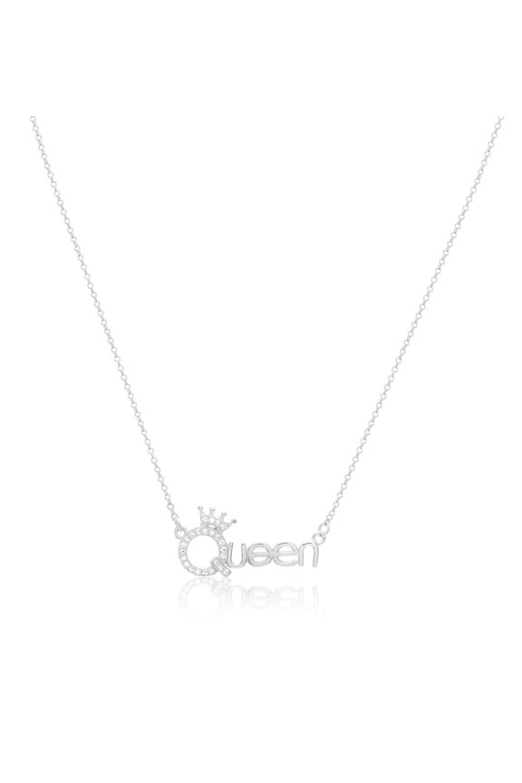 Solid 925 Sterling Silver Queen Word Pendant Necklace with Cubic Zirconia CZ Stones | Women & Unisex | Adjustable 16 Inch to 18 Inch Cable Chain