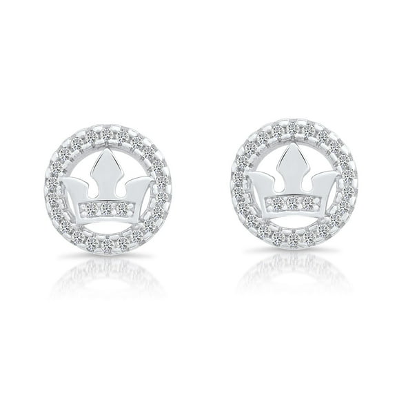 Tilo Jewelry .925 Sterling Silver Round Crown Stud Earrings with Secure Pushbacks & Cubic Zirconia CZ Stones | Women & Unisex