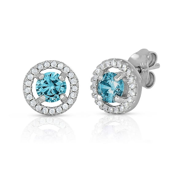 Tilo Jewelry 925 Sterling Silver Round Halo CZ Birthstone Blue Stud Earrings | Secure Push-Backs | March-Aquamarine | Women & Unisex
