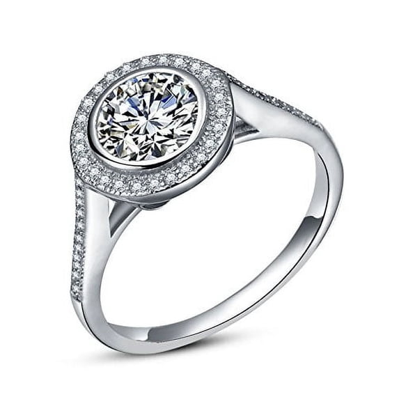 Tilo Jewelry Solid 925 Sterling Silver Round Halo Engagement Ring with Cubic Zirconia CZ Stones | Size 7 | Classic Engagement Wedding Ring | Women & Girls