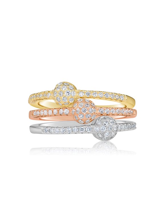 .925 Sterling Silver Set of 3 Tri-Color Ball Rings with Cubic Zirconia CZ Stones | Size 9 | Women & Unisex