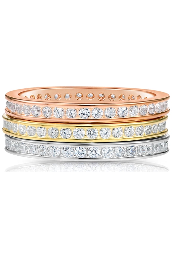 .925 Sterling Silver Set of 3 Tri-Color Rings with Cubic Zirconia CZ Stones | Size 8 | Women & Unisex