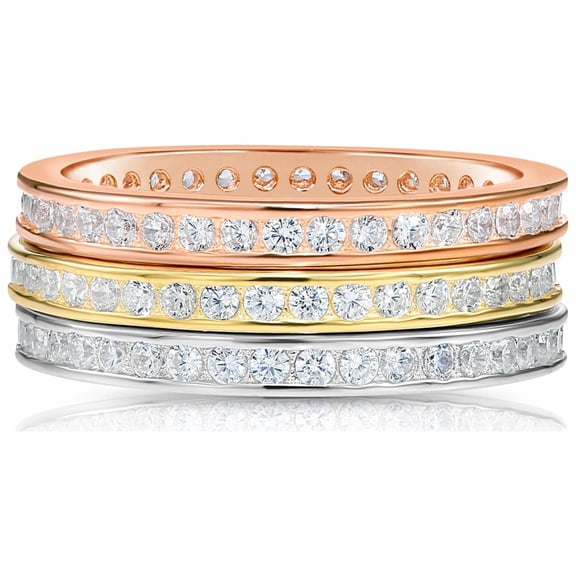 Tilo Jewelry .925 Sterling Silver Set of 3 Tri-Color Rings with Cubic Zirconia CZ Stones | Size 9 | Women & Unisex