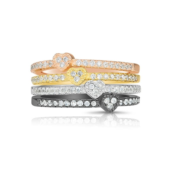 Tilo Jewelry .925 Sterling Silver Set of 4 Heart Design Rings with Cubic Zirconia CZ Stones | Size 6 | Women & Unisex