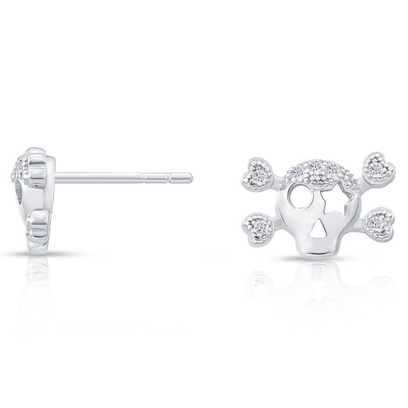 Tilo Jewelry .925 Sterling Silver Skull & Bones Stud Earrings with Cubic Zirconia CZ Stones for Women & Unisex
