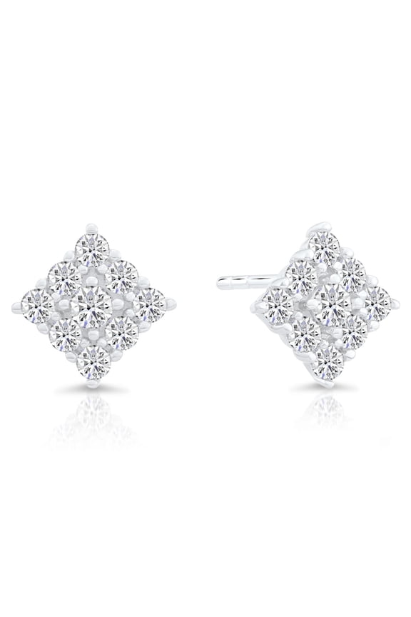 925 Sterling Silver Square Cluster CZ Stud Earrings with Cubic Zirconia CZ Stones | Secure Push-Backs | Women & Unisex