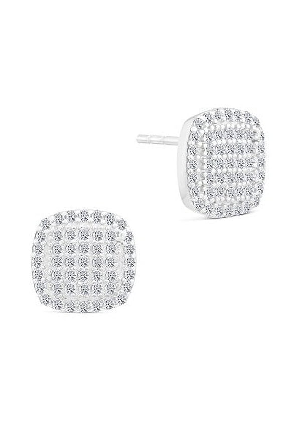 .925 Sterling Silver Square Small Stud Earrings with Cubic Zirconia CZ Stones for Women & Unisex