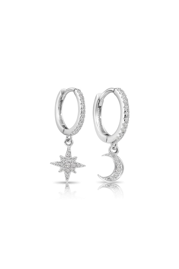 925 Sterling Silver Star Moon Dangle Drop Huggie Hoop Earrings with Cubic Zirconia CZ Stones | Everyday Celestial Earrings for Women & Unisex