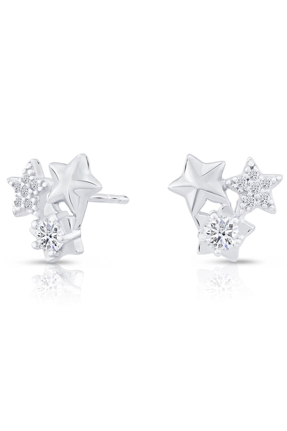 925 Sterling Silver Star Stud Earrings with Secure Push Backs & Cubic Zirconia CZ Stones for Women & Unisex