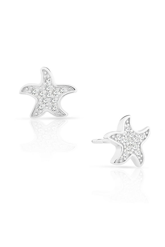 .925 Sterling Silver Starfish Stud Earrings with Cubic Zirconia CZ Stones | Women, Men, Unisex
