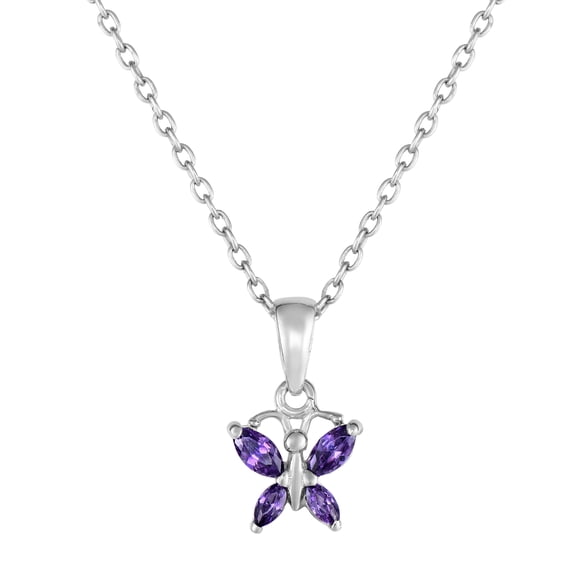 Tilo Jewelry 925 Sterling Silver Tiny Butterfly Purple CZ Birthstone Pendant Necklace for Women & Unisex | February-Amethyst | 18 Inch