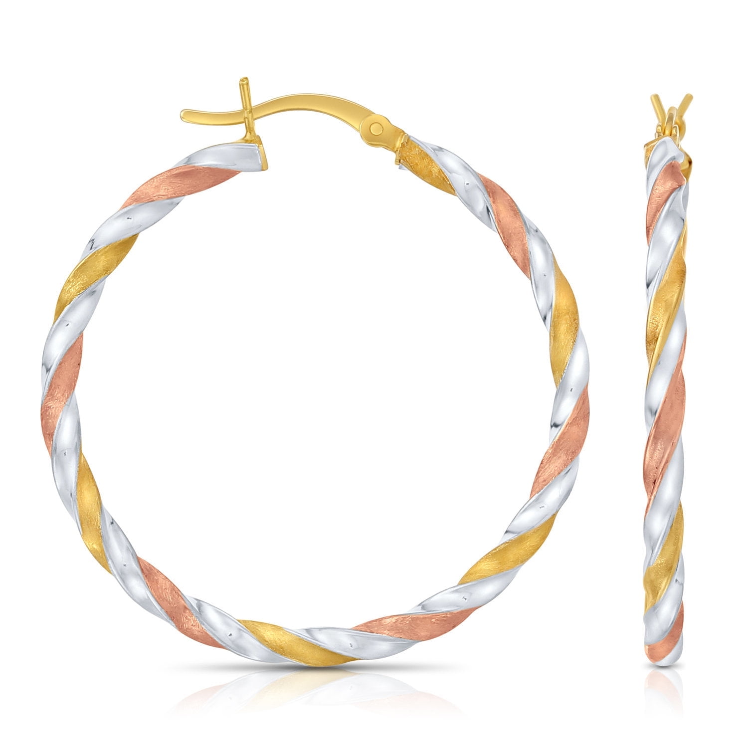 Tilo Jewelry 925 Sterling Silver Tri-Color Twisted Hoop Earrings with Satin Glitter Finish (35mm) for Women & Unisex