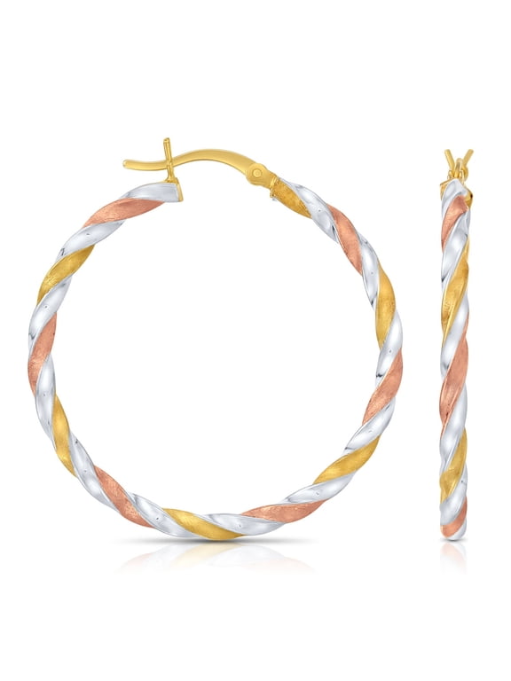 925 Sterling Silver Tri-Color Twisted Hoop Earrings with Satin Glitter Finish (35mm) for Women & Unisex