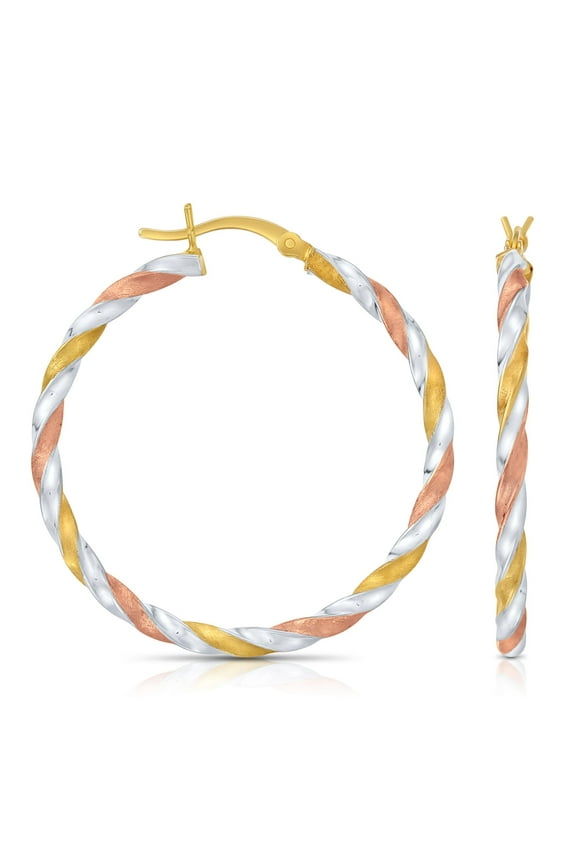 925 Sterling Silver Tri-Color Twisted Hoop Earrings with Satin Glitter Finish (35mm) for Women & Unisex