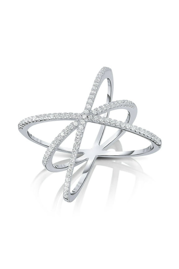 925 Sterling Silver Triple Criss Cross Orbit X Ring with Cubic Zirconia Stones | Size 5 | Women & Unisex