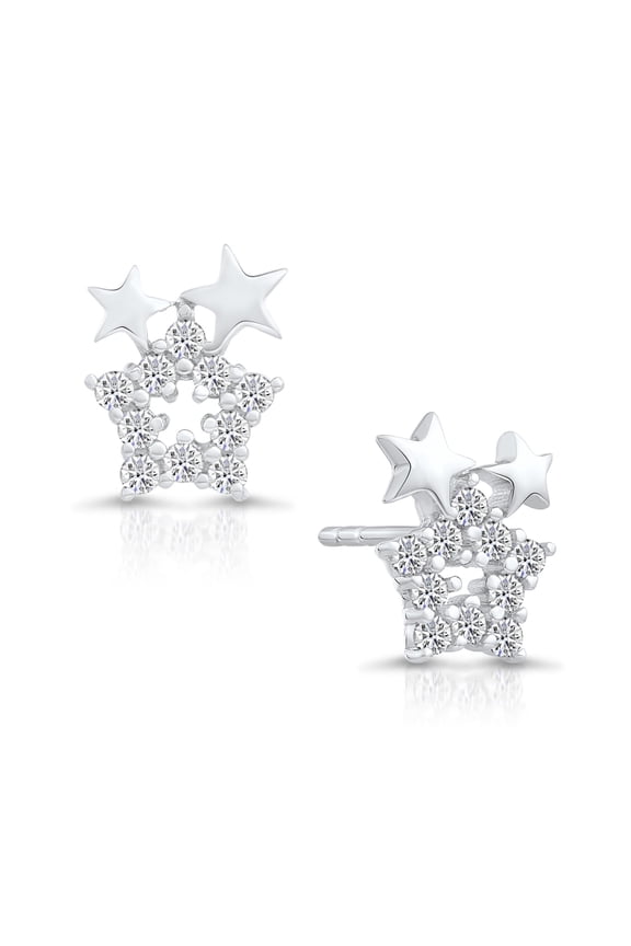 .925 Sterling Silver Triple Star Stud Earrings with Cubic Zirconia Stones | 9mm | Women & Unisex