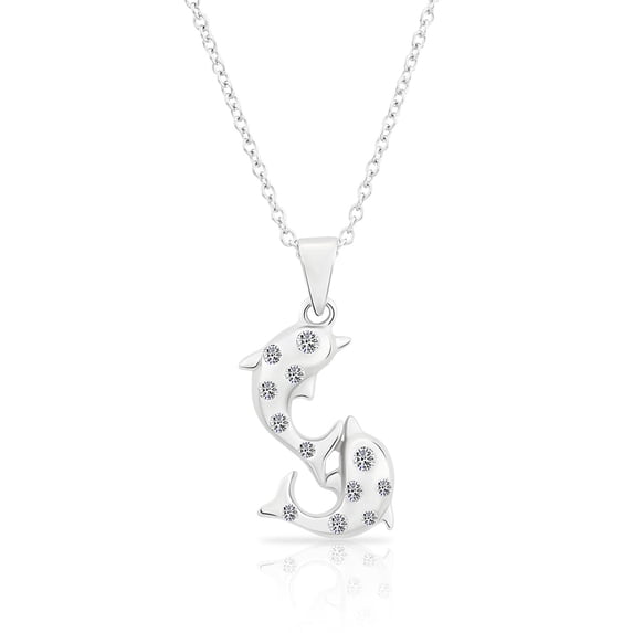 Tilo Jewelry .925 Sterling Silver Twin Dolphin Pendant Necklace with Cubic Zirconia CZ Stones | 16 Inch | Women & Unisex