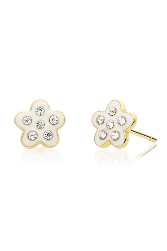 925 Sterling Silver White Flower Enamel CZ Stud Earrings with Secure Push Backs for Women & Unisex