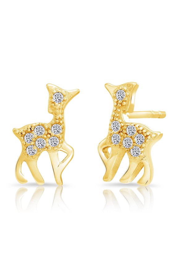 925 Sterling Silver Yellow-Tone Deer Stud Post Earrings with Cubic Zirconia CZ Stones for Women & Unisex