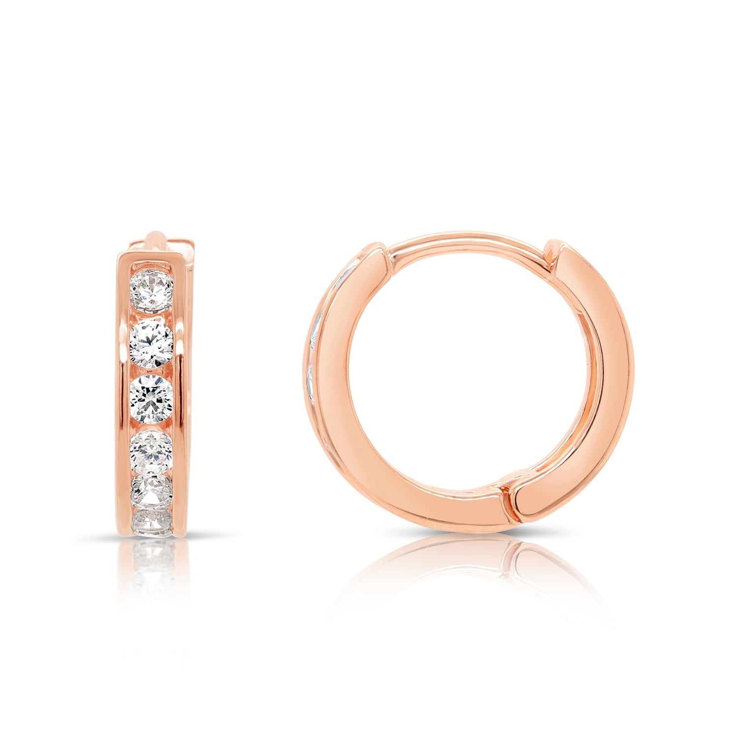 Tilo Jewelry Rose Gold Plated 925 Sterling Silver Huggie Hoop Earrings with Cubic Zirconia CZ Stones | Small 13MM | Classic Everyday Earrings | Women, Men, Unisex