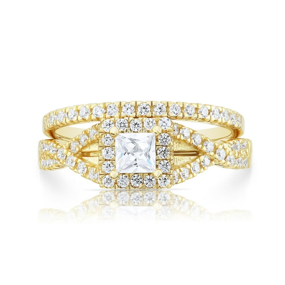 Tilo Jewelry Solid 925 Gold Plated Over Silver Engagement Ring with 2 Carat Total Square Princess Cut Cubic Zirconia Stones | Size 10
