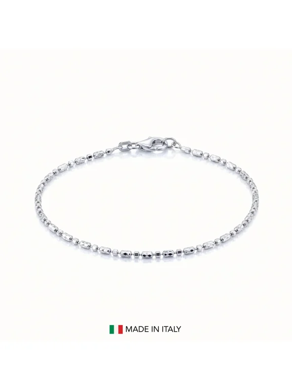 Solid 925 Sterling Silver 2mm Diamond-Cut Beaded Station Chain Bracelet with Secure Lobster Lock | 7 Inch | Everyday Bracelet for Women, Men, Unisex