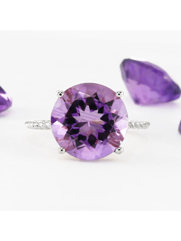 Solid 925 Sterling Silver 5 Carat Natural Amethyst Solitaire Engagement Ring with Twist Rope Band | Size 5 | Gemstone Statement Ring for Women, Girls, Unisex