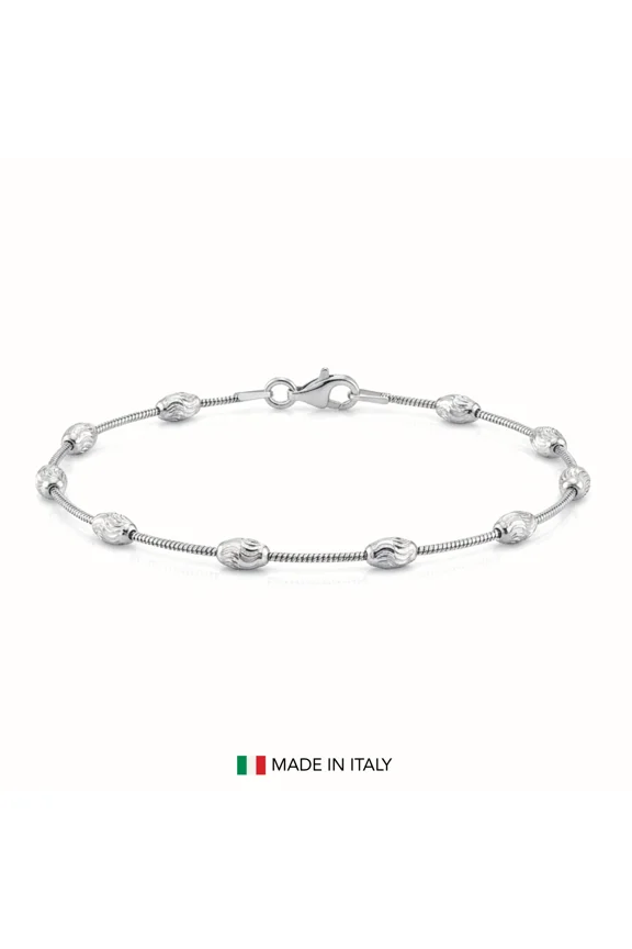 Solid 925 Sterling Silver Diamond-Cut Oval-Shaped Beaded Station Chain Bracelet with Secure Lobster Lock | 7 Inch | Everyday Bracelet for Women, Men, Unisex