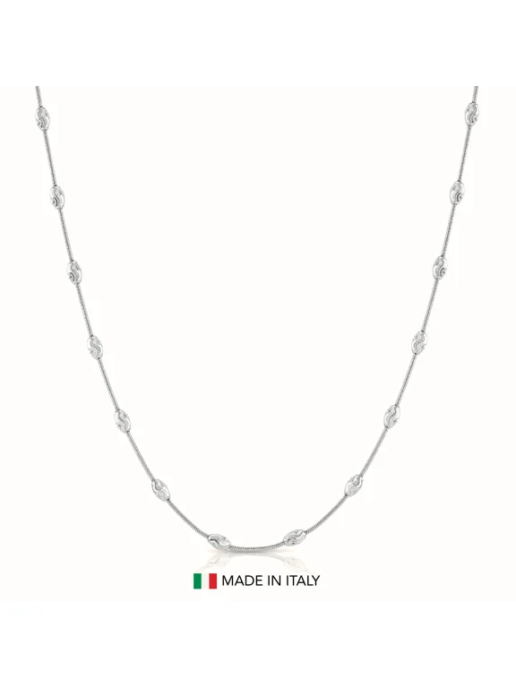 Solid 925 Sterling Silver Diamond-Cut Oval-Shaped Beaded Station Chain Necklace with Secure Lobster Lock | 20 Inch | Everyday Necklace for Women, Men, Unisex