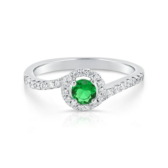 Tilo Jewelry 925 Sterling Silver Green Birthstone Solitaire Round Halo Engagement Wedding Ring with Side-stone Accents | Size 6 | May-Emerald | Classic Engagement Ring for Women