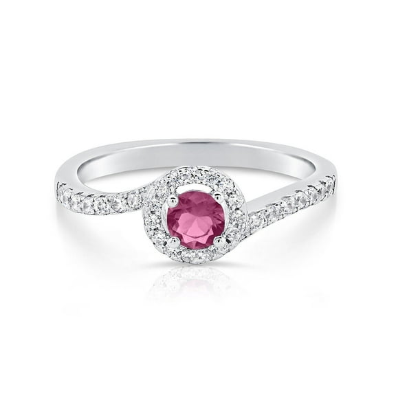 Tilo Jewelry 925 Sterling Silver Pink Birthstone Solitaire Round Halo Engagement Wedding Ring with Side-stone Accents | Size 7 | July-Ruby | Classic Engagement Ring for Women