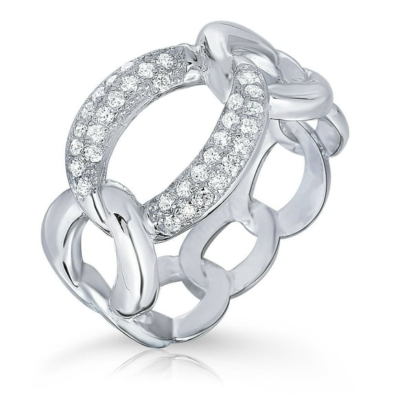 Tilo Jewelry Solid 925 Sterling Silver Graduated Curb Cuban Link Style Band Ring with Cubic Zirconia CZ Stones | Size 6 | Minimalist Statement Ring | Women & Unisex