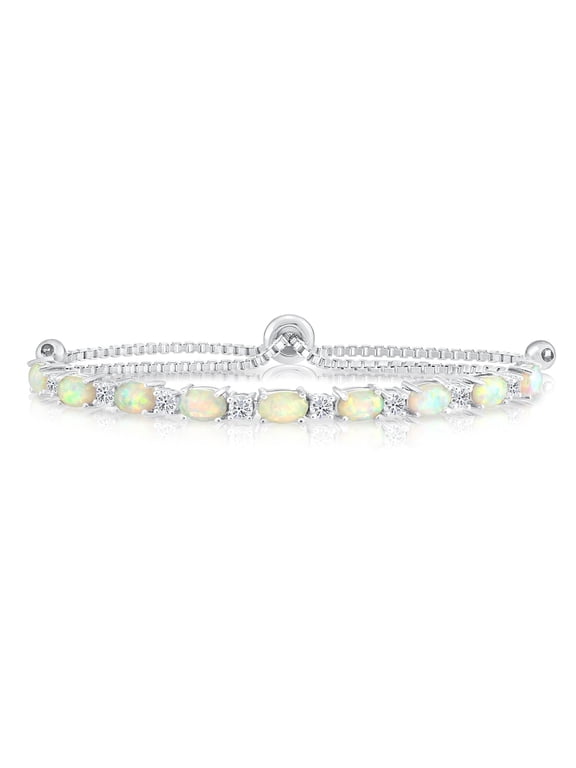 Solid 925 Sterling Silver Oval-Shaped Fire Opal Tennis Bracelet with Side-stone Accents | Adjustable 7 to 9 Inch | October Birthstone Bracelet for Women, Men, Unisex