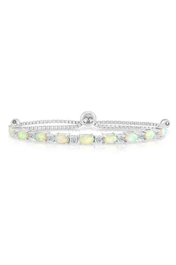 Solid 925 Sterling Silver Oval-Shaped Fire Opal Tennis Bracelet with Side-stone Accents | Adjustable 7 to 9 Inch | October Birthstone Bracelet for Women, Men, Unisex