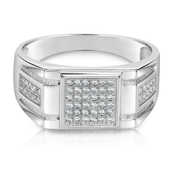 Tilo Jewelry Solid 925 Sterling Silver Pave Square Signet Ring, Statement Pinky Wedding Band Ring | Size 9 | Classic Engagement Ring for Men