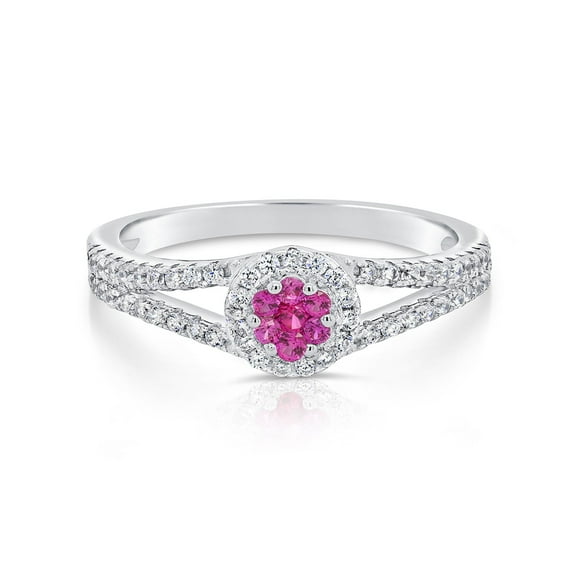 Tilo Jewelry 925 Sterling Silver Pink Birthstone Round Halo Engagement Wedding Ring with Side-stone Accents | Size 7 | July-Ruby | Classic Engagement Ring for Women