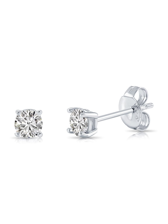 Solid 925 Sterling Silver Solitaire Round CZ Stud Post Earrings with Secure Push-backs | 4mm | Classic Everyday Earrings | Women, Men, Unisex