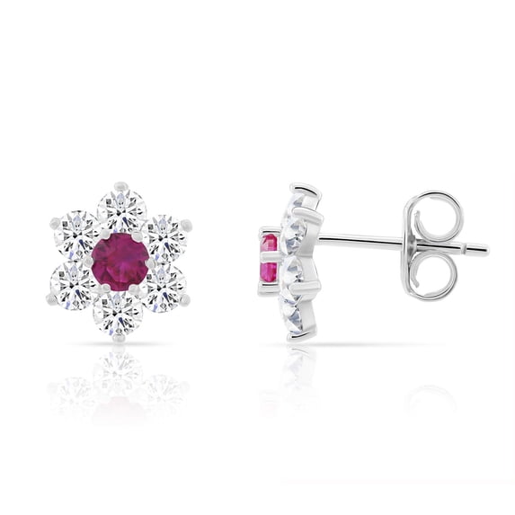 Tilo Jewelry Solid Silver Red Ruby July Birthstone Flower Stud Earrings with Secure Push-Backs for Women & Unisex