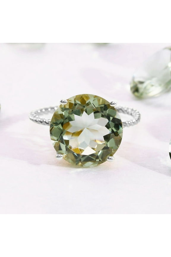 Solid 925 Sterling Silver 5 Carat Natural Green Amethyst Solitaire Engagement Ring with Twist Rope Band | Size 5 | Gemstone Statement Ring for Women, Girls, Unisex