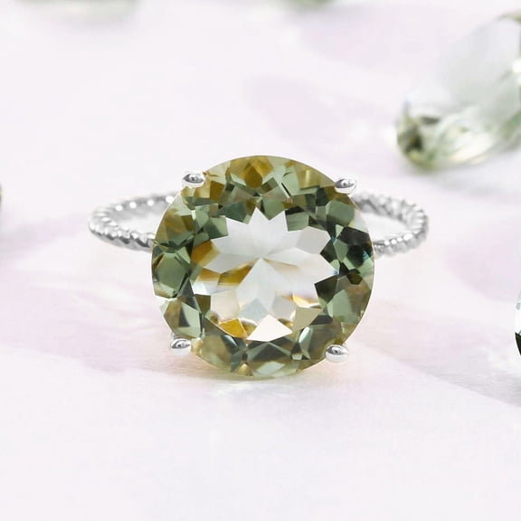 Tilo Jewelry Solid 925 Sterling Silver 5 Carat Natural Green Amethyst Solitaire Engagement Ring with Twist Rope Band | Size 9 | Gemstone Statement Ring for Women, Girls, Unisex