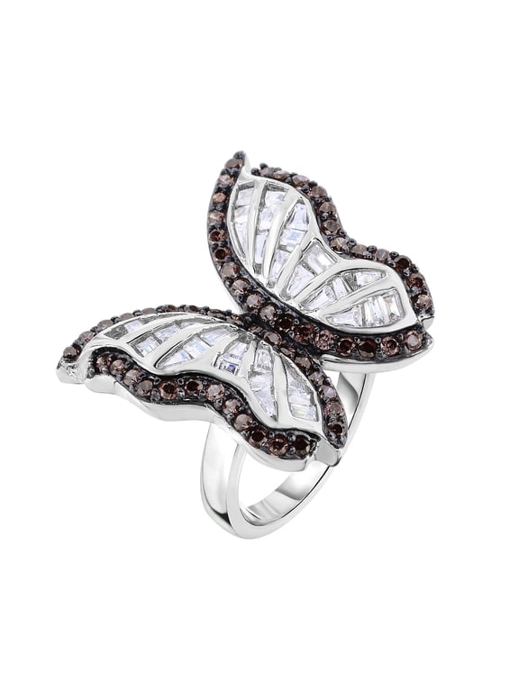 Sterling Silver Butterfly Cocktail White & Chocolate Color Ring with Cubic Zirconia Stones | Size 8 | Women & Unisex