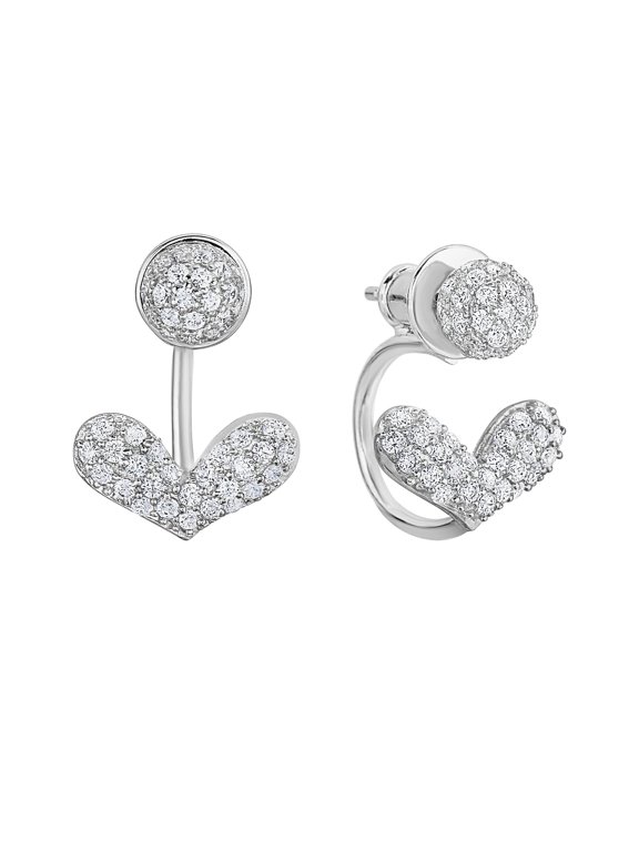 Solid 925 Sterling Silver Pave Heart CZ Ear Jacket Stud Earrings | Everyday Earrings for Women & Unisex