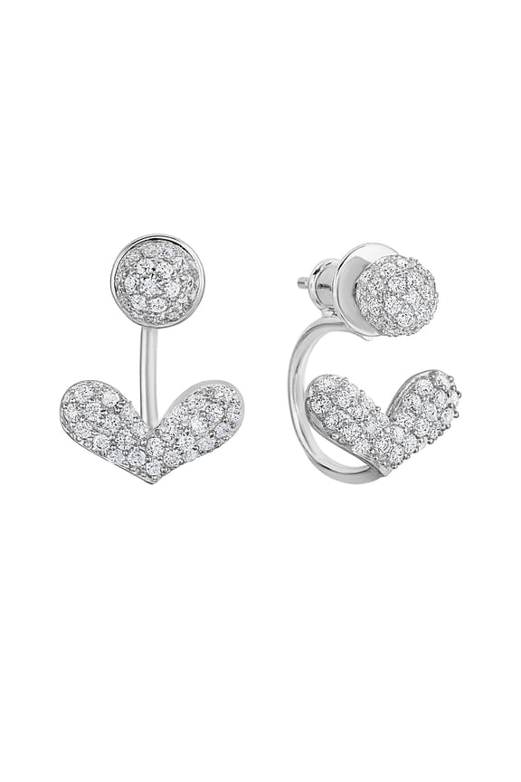 Solid 925 Sterling Silver Pave Heart CZ Ear Jacket Stud Earrings | Everyday Earrings for Women & Unisex