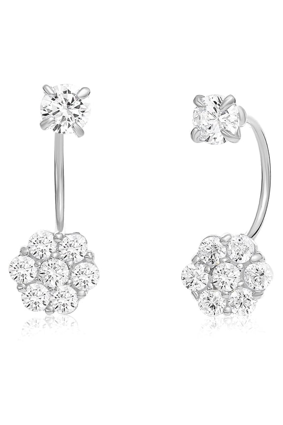 Sterling Silver Dangling Drop Halo Flower Earrings with Simulated Diamond CZ Birthstone | April | Women & Unisex